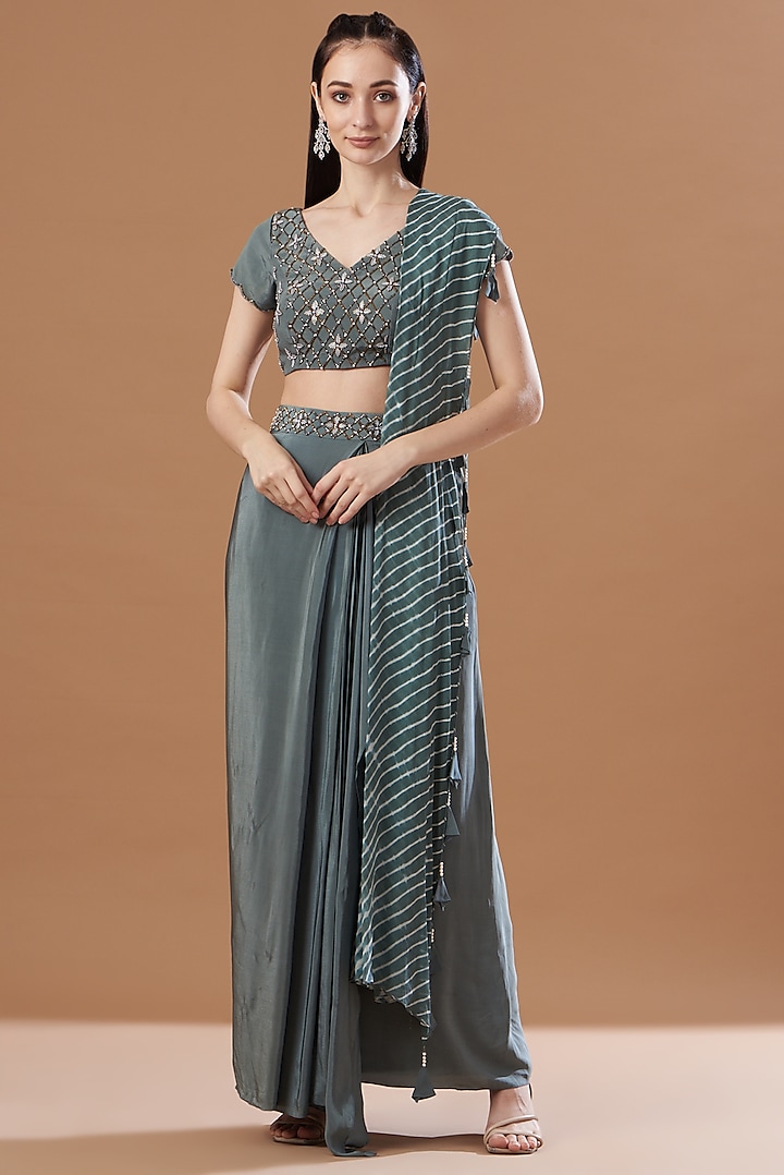 Grey Pre-Draped Printed Skirt Saree Set by Anvita Jain Label