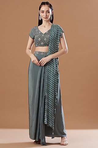 Grey Pre-Draped Printed Skirt Saree Set by Anvita Jain Label