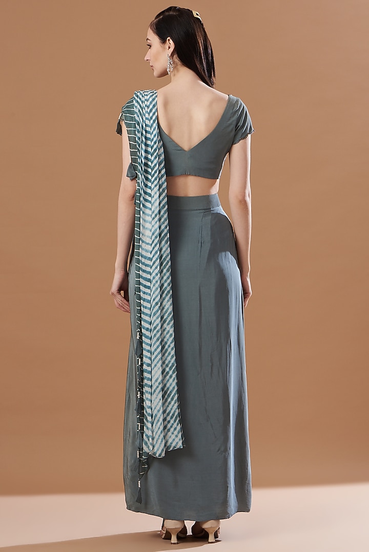 Grey Pre-Draped Printed Skirt Party Wear Saree Set by Anvita Jain Label at Pernia's Pop Up Shop
