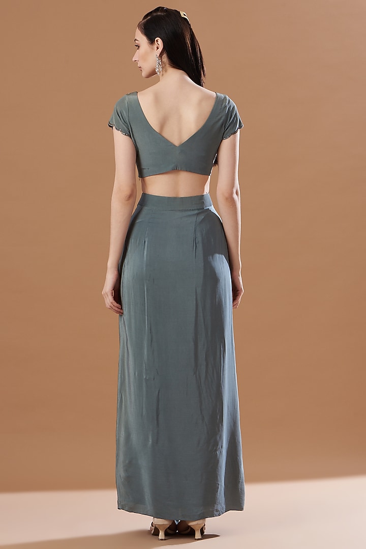 Grey Pre-Draped Printed Skirt Party Wear Saree Set by Anvita Jain Label at Pernia's Pop Up Shop