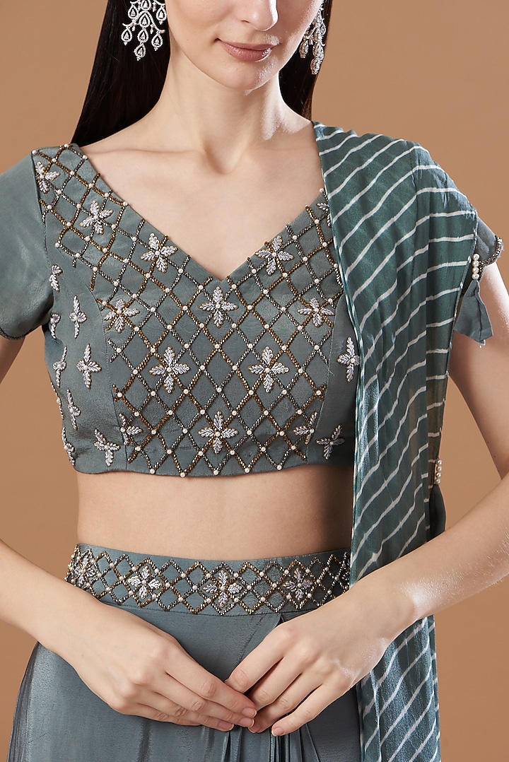 Grey Pre-Draped Printed Skirt Party Wear Saree Set by Anvita Jain Label at Pernia's Pop Up Shop