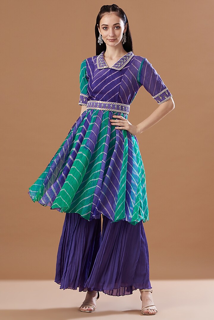Purple & Sky Blue Printed Sharara Set by Anvita Jain Label