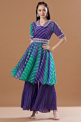 Purple & Sky Blue Printed Sharara Set by Anvita Jain Label