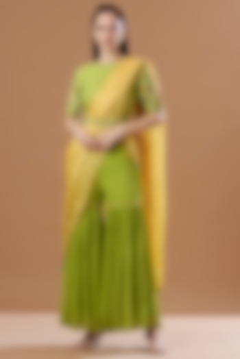 Lime Green Tussar Silk Sharara Set by Anvita Jain Label