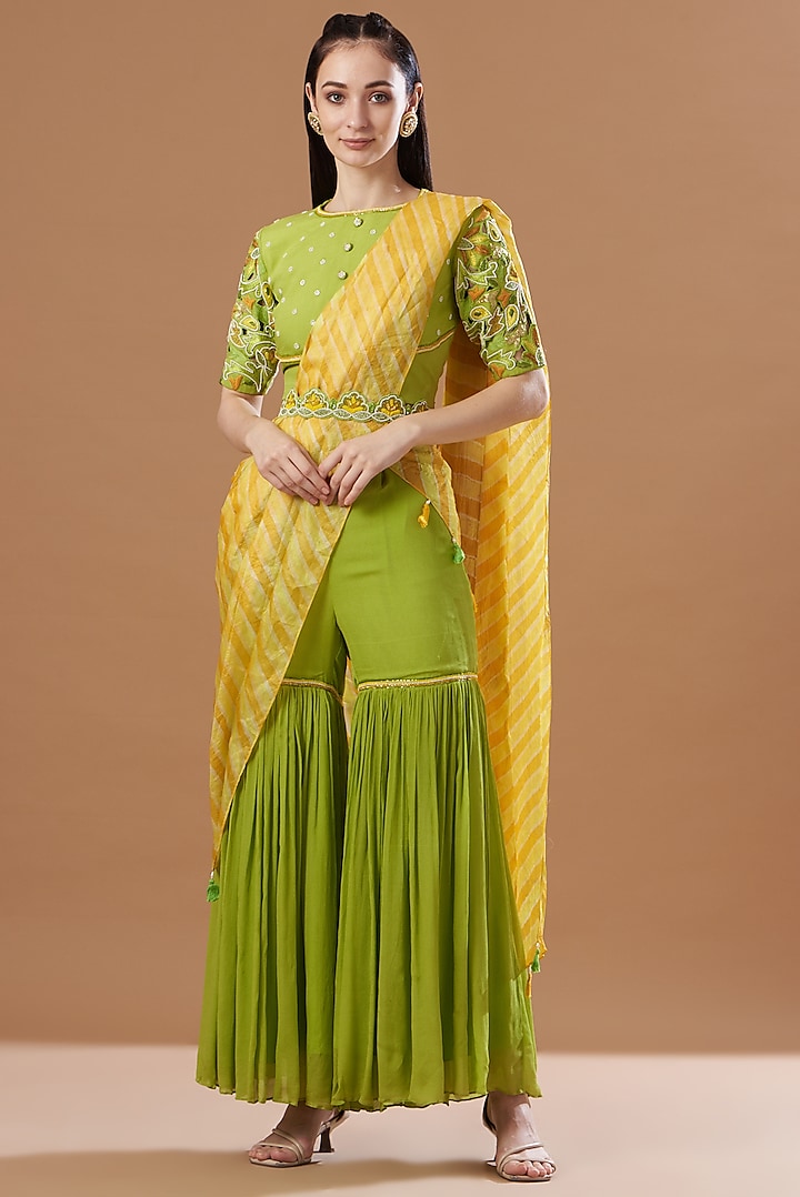 Lime Green Tussar Silk Sharara Set by Anvita Jain Label