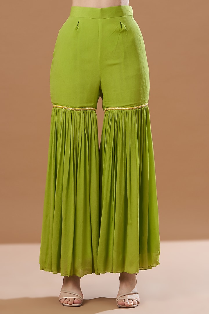 Lime Green Tussar Silk Party Wear Sharara Set by Anvita Jain Label at Pernia's Pop Up Shop