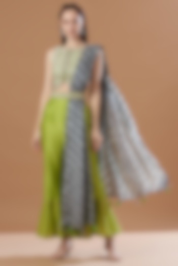 Lime Green Tussar Silk & Chanderi Sharara Set by Anvita Jain Label