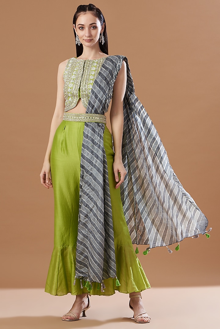 Lime Green Tussar Silk & Chanderi Sharara Set by Anvita Jain Label