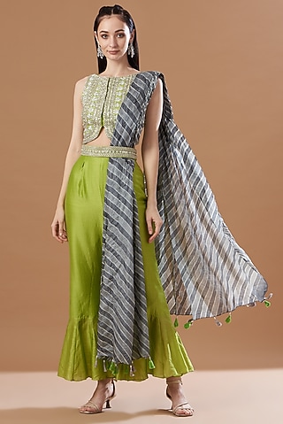 Lime Green Tussar Silk & Chanderi Sharara Set by Anvita Jain Label