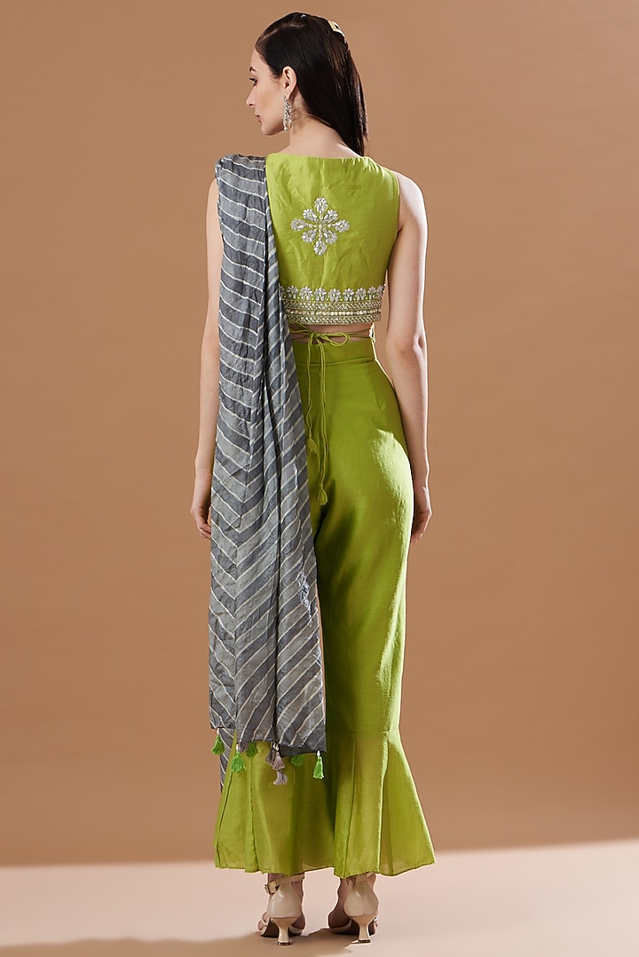 Lime Green Tussar Silk & Chanderi Party Wear Sharara Set by Anvita Jain Label at Pernia's Pop Up Shop