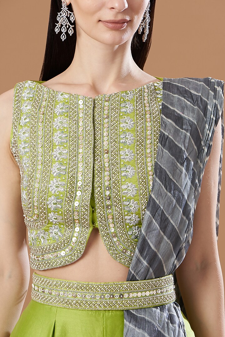 Lime Green Tussar Silk & Chanderi Party Wear Sharara Set by Anvita Jain Label at Pernia's Pop Up Shop