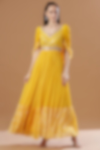 Yellow Leheriya Printed Gown by Anvita Jain Label