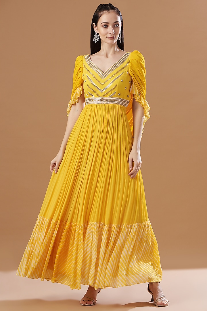 Yellow Leheriya Printed Gown by Anvita Jain Label