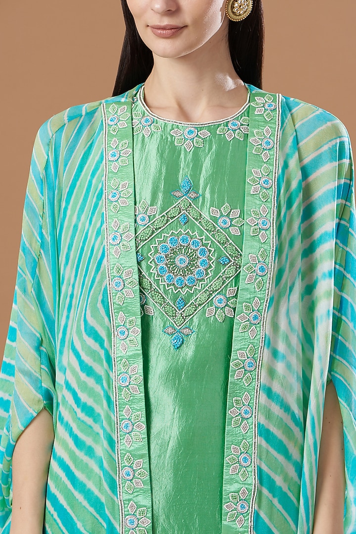 Turquoise Leheriya Printed Cape Set by Anvita Jain Label at Pernia's Pop Up Shop