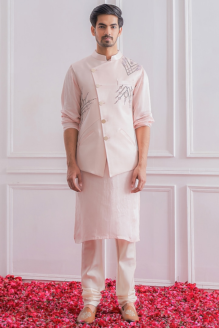 Powder Pink Kurta Set With Nehru Jacket by Ankit V Kapoor