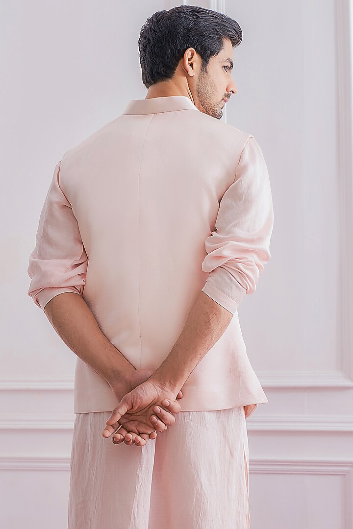 Powder Pink Kurta Set With Nehru Jacket by Ankit V Kapoor at Pernia's Pop Up Shop