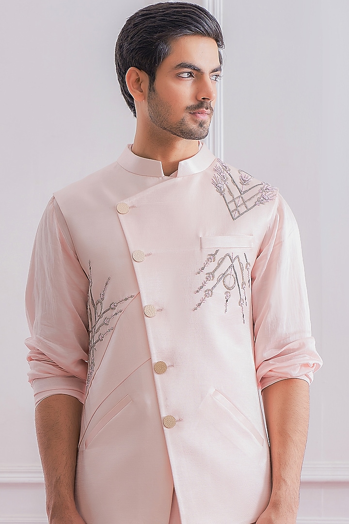 Powder Pink Kurta Set With Nehru Jacket by Ankit V Kapoor at Pernia's Pop Up Shop