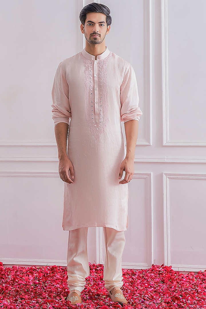Powder Pink Embroidered Kurta Set by Ankit V Kapoor at Pernia's Pop Up Shop