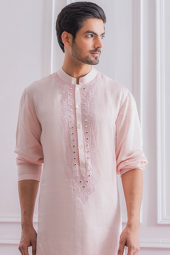 Powder Pink Embroidered Kurta Set by Ankit V Kapoor at Pernia's Pop Up Shop