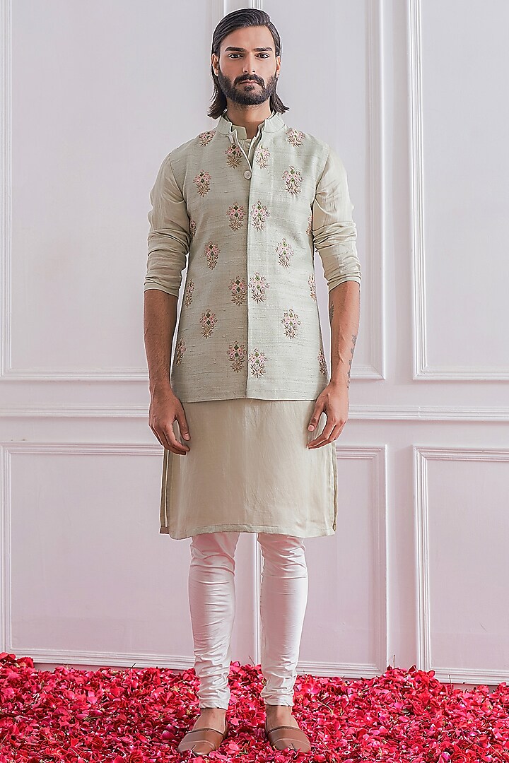 Mint Green Kurta Set With Nehru Jacket by Ankit V Kapoor