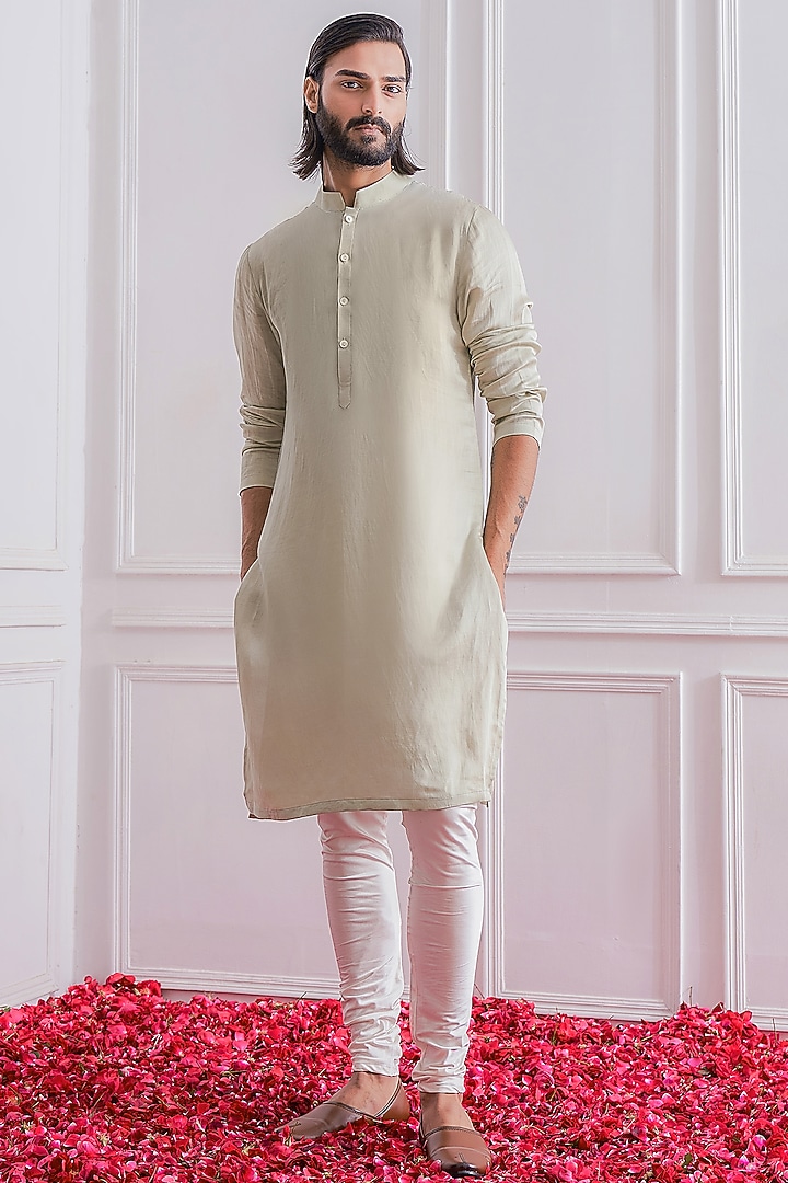 Mint Green Raw Silk Hand Embroidered Nehru Jacket Set by Ankit V Kapoor at Pernia's Pop Up Shop