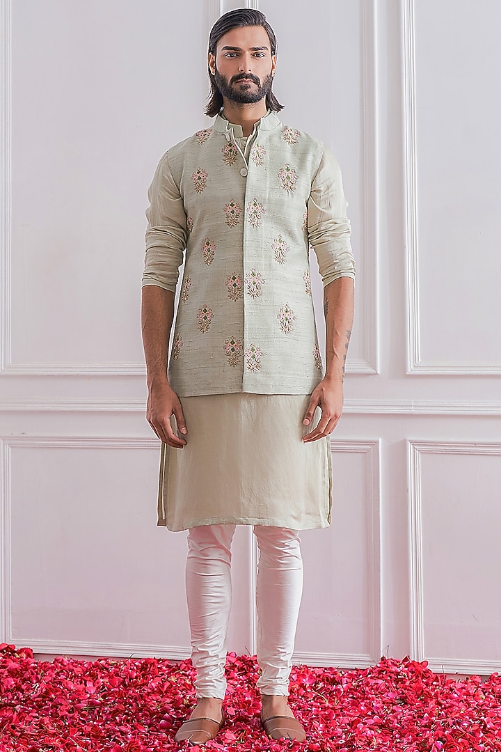 Mint Green Raw Silk Hand Embroidered Nehru Jacket by Ankit V Kapoor at Pernia's Pop Up Shop