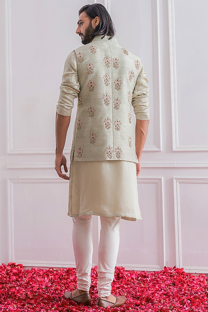 Mint Green Raw Silk Hand Embroidered Nehru Jacket by Ankit V Kapoor at Pernia's Pop Up Shop
