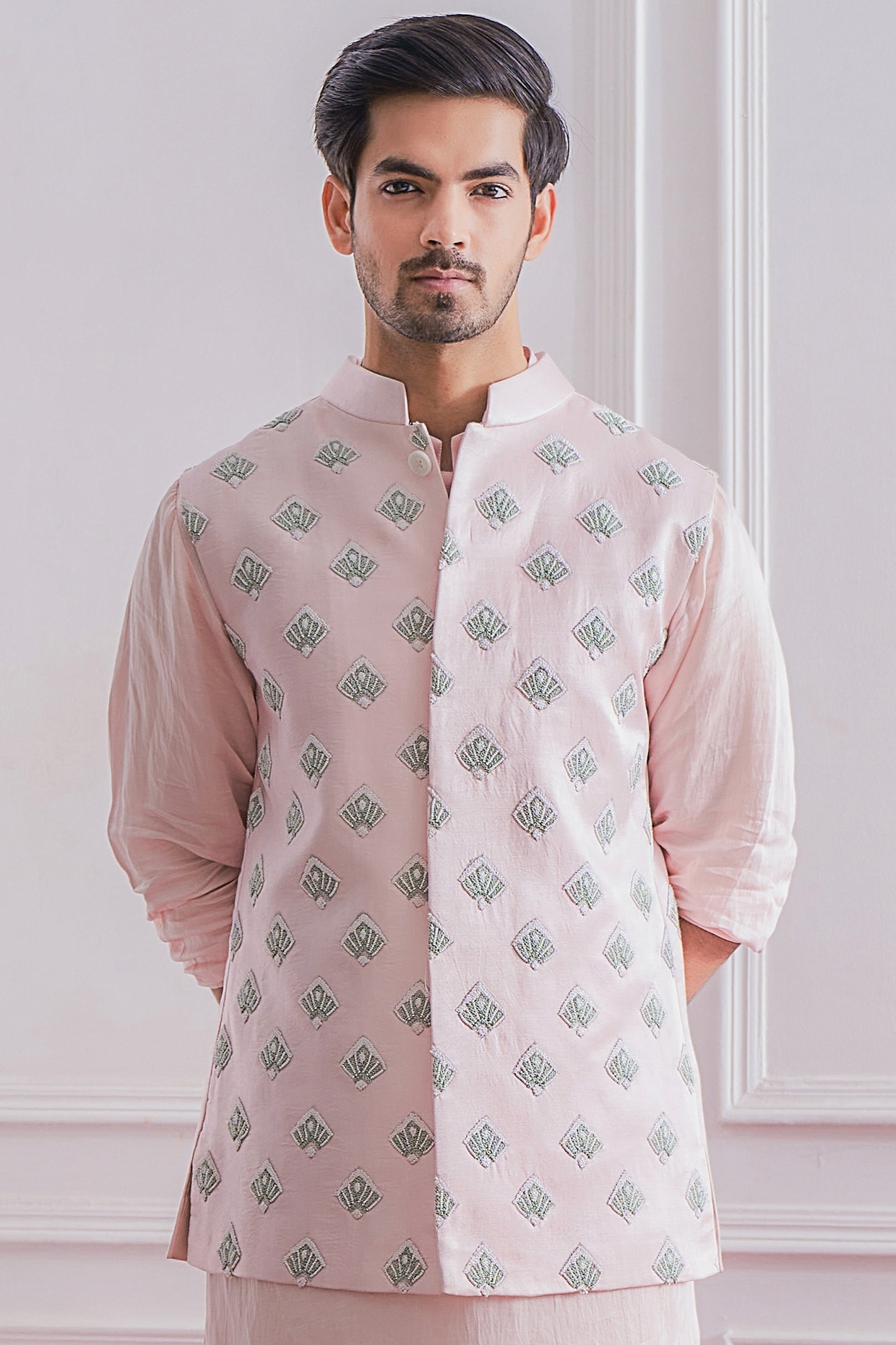 Men's Cotton Dark Green checked Kurta & Pink Nehrujacket With White  Churidar Pyjama Set