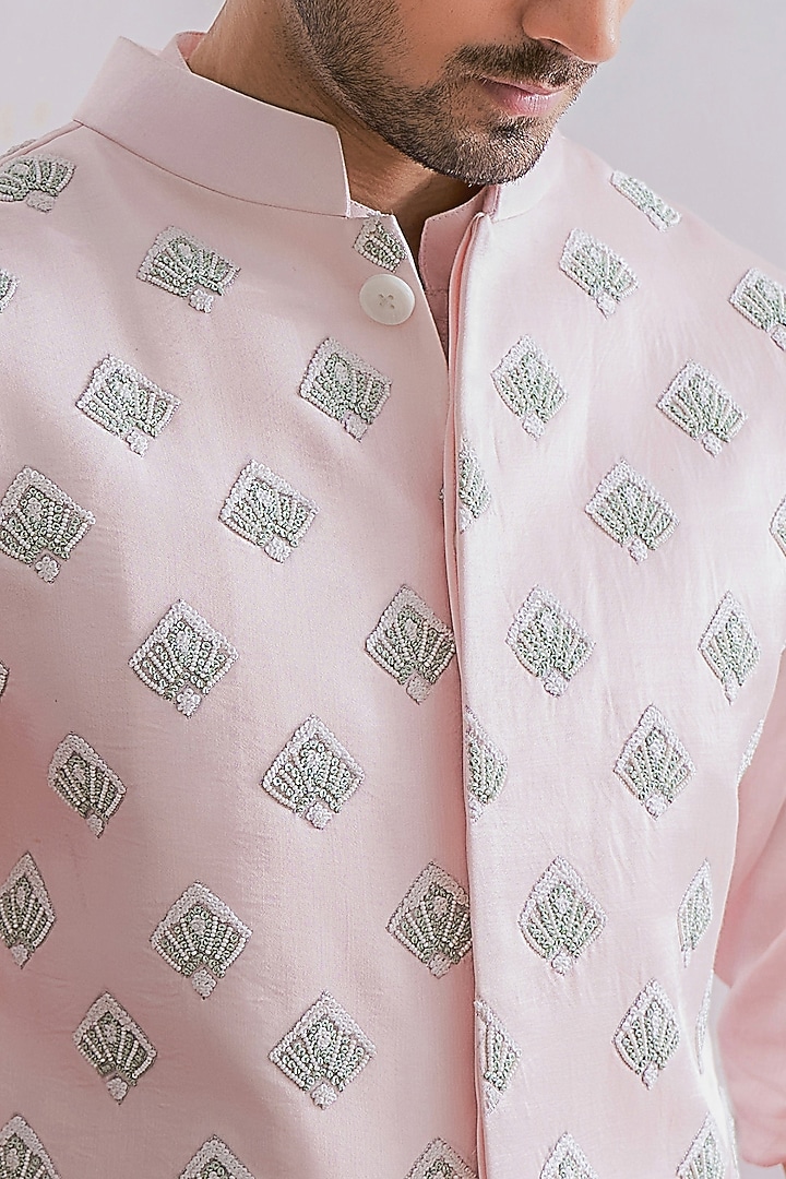 Powder Pink Nehru Jacket With Kurta Set by Ankit V Kapoor at Pernia's Pop Up Shop