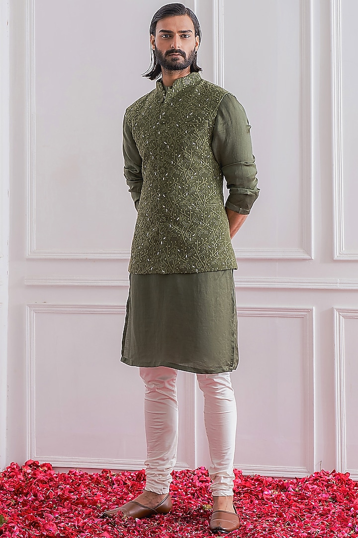 Military Green Embroidered Nehru Jacket by Ankit V Kapoor