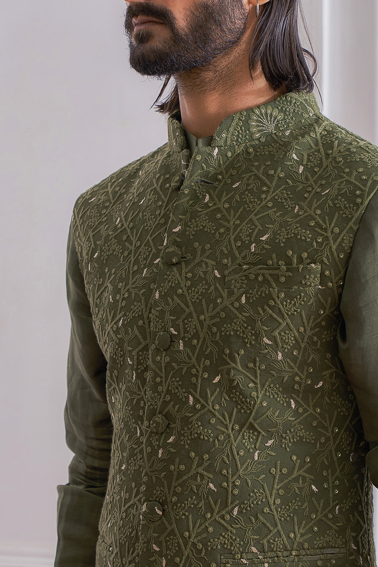 Military Green Embroidered Nehru Jacket 