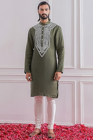 Military Green Hand Embroidered Kurta Set by Ankit V Kapoor