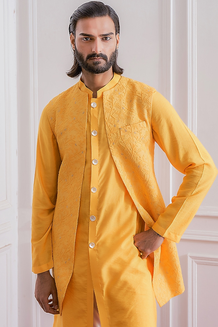 Mustard Pure Georgette Wedding Indowestern Set by Ankit V Kapoor at Pernia's Pop Up Shop