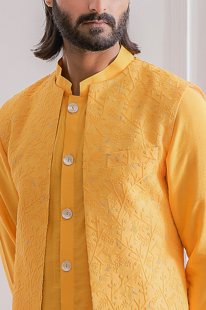 Mustard Pure Georgette Wedding Indowestern Set by Ankit V Kapoor at Pernia's Pop Up Shop