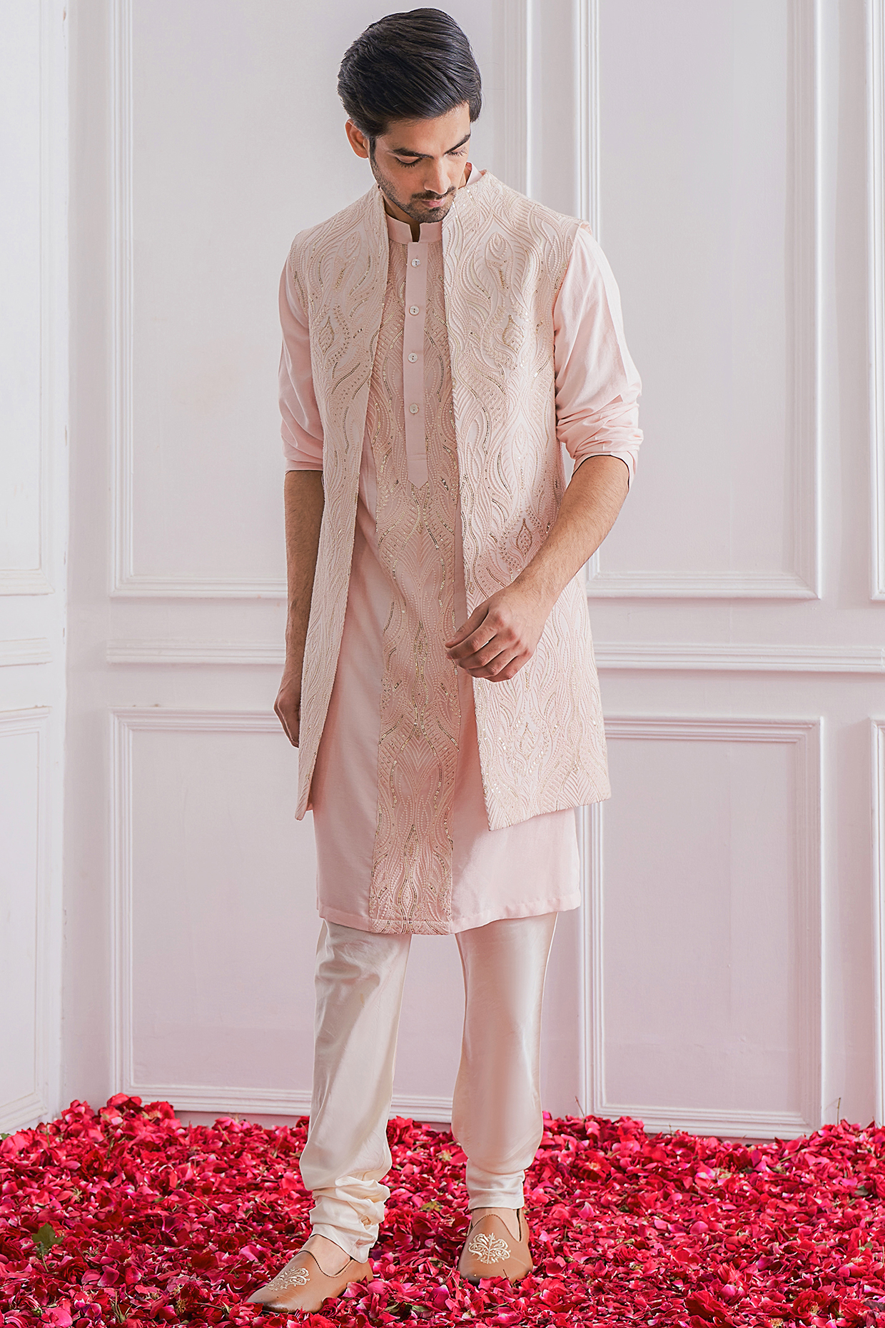 Powder Pink Kurta Set With Nehru Jacket by Ankit V Kapoor