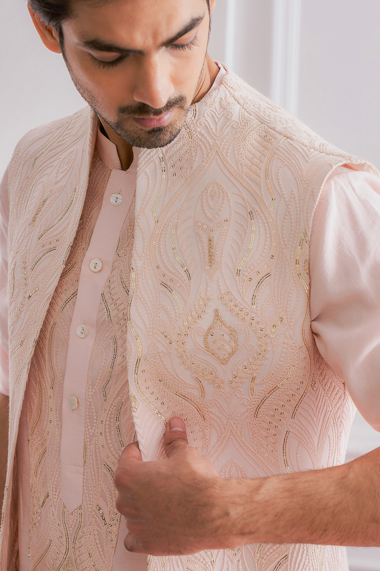 Powder Pink Kurta Set With Nehru Jacket by Ankit V Kapoor