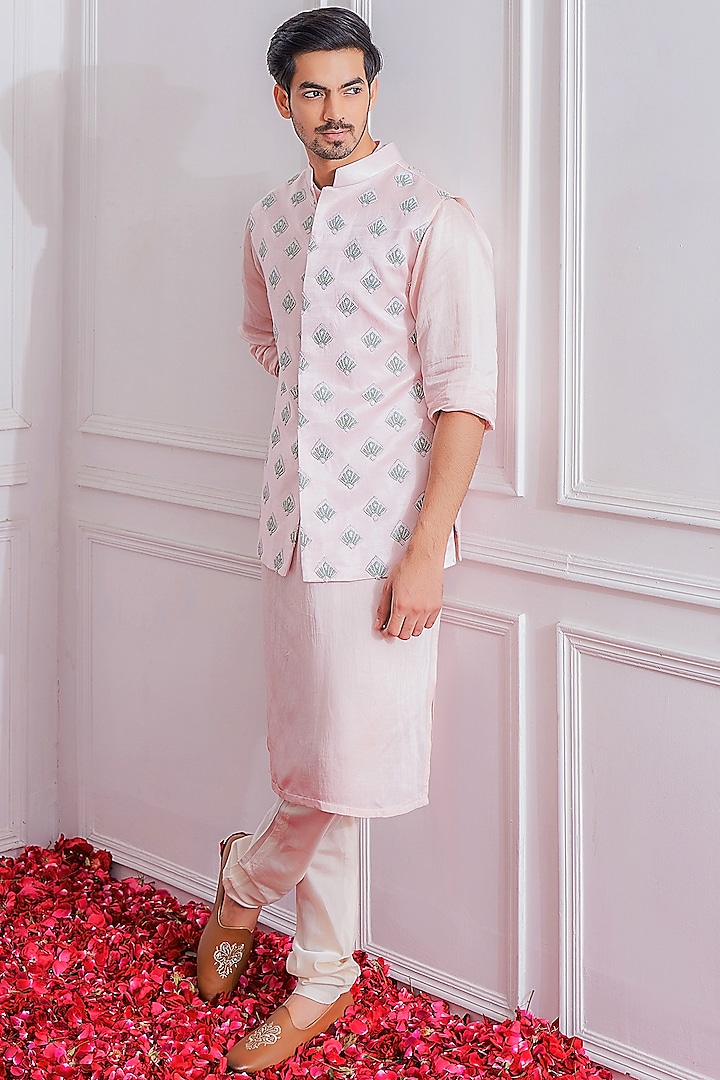 Powder Pink Embroidered Nehru Jacket by Ankit V Kapoor at Pernia's Pop Up Shop