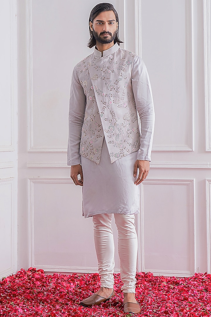 Light Grey Hand Embroidered Nehru Jacket by Ankit V Kapoor at Pernia's Pop Up Shop