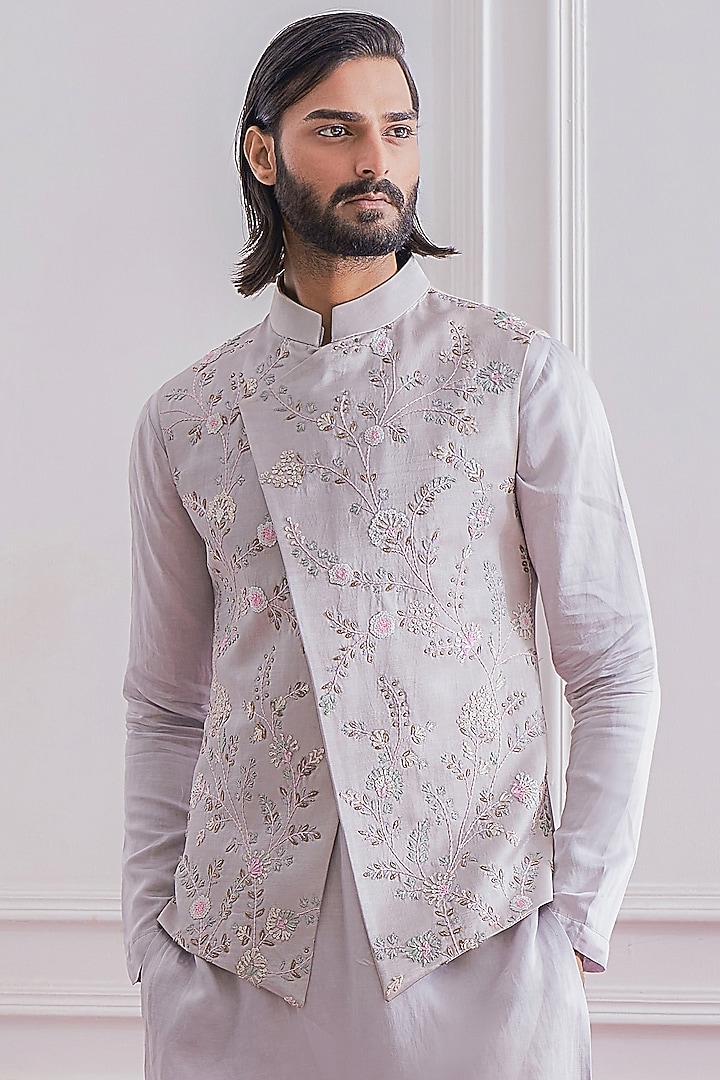 Light Grey Hand Embroidered Nehru Jacket by Ankit V Kapoor at Pernia's Pop Up Shop