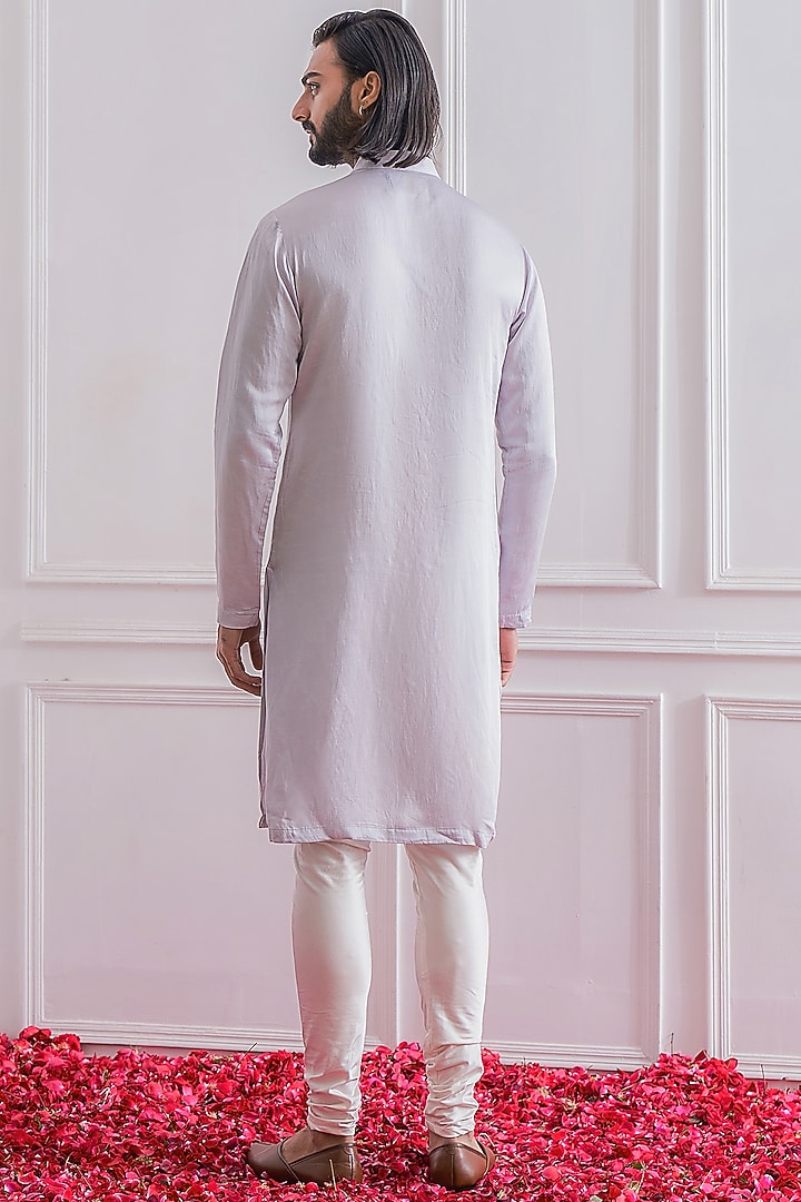 Light Grey Satin Linen Mirror Embroidered Kurta Set by Ankit V Kapoor at Pernia's Pop Up Shop