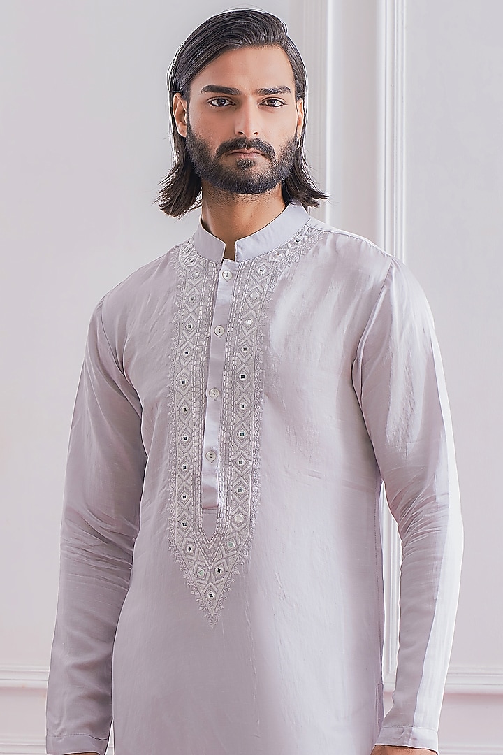 Light Grey Satin Linen Mirror Embroidered Kurta Set by Ankit V Kapoor at Pernia's Pop Up Shop