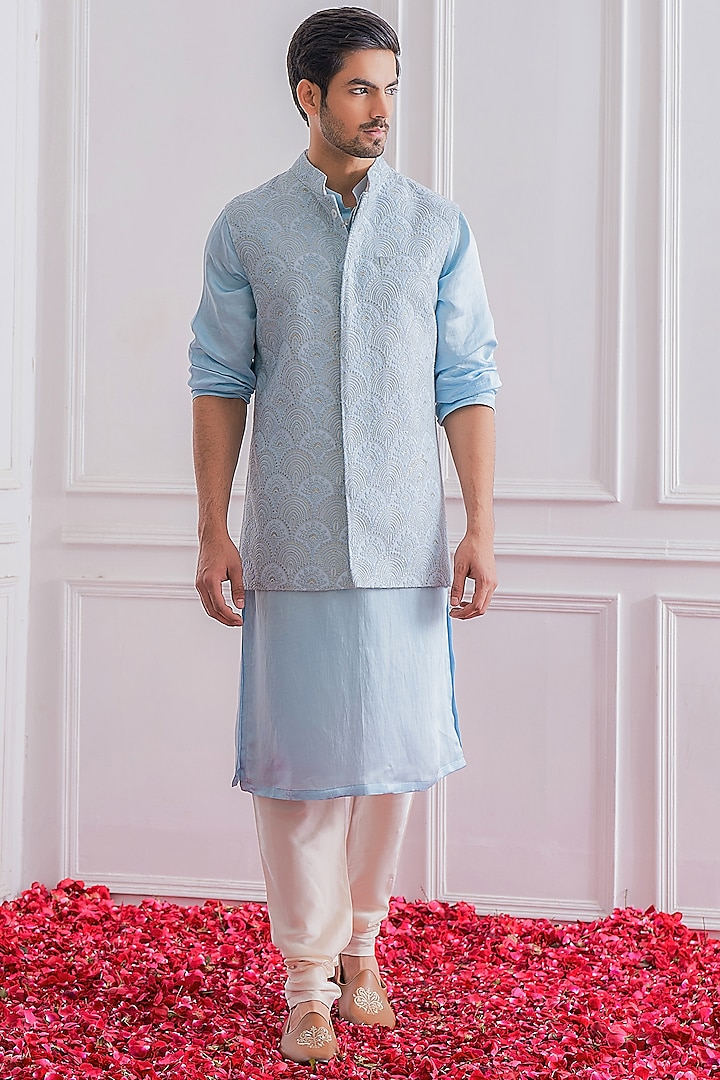 Powder Blue Kurta Set With Nehru Jacket by Ankit V Kapoor