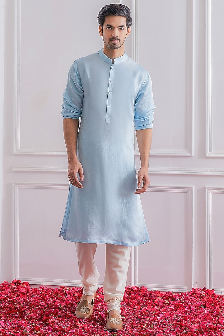 Powder Blue Pure Georgette Sequins & Thread Embroidered Lucknowi Nehru Jacket Set by Ankit V Kapoor at Pernia's Pop Up Shop