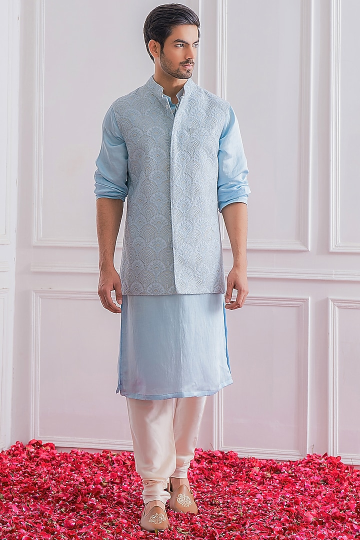 Powder Blue Georgette Sequins & Thread Embroidered Lucknowi Nehru Jacket by Ankit V Kapoor at Pernia's Pop Up Shop