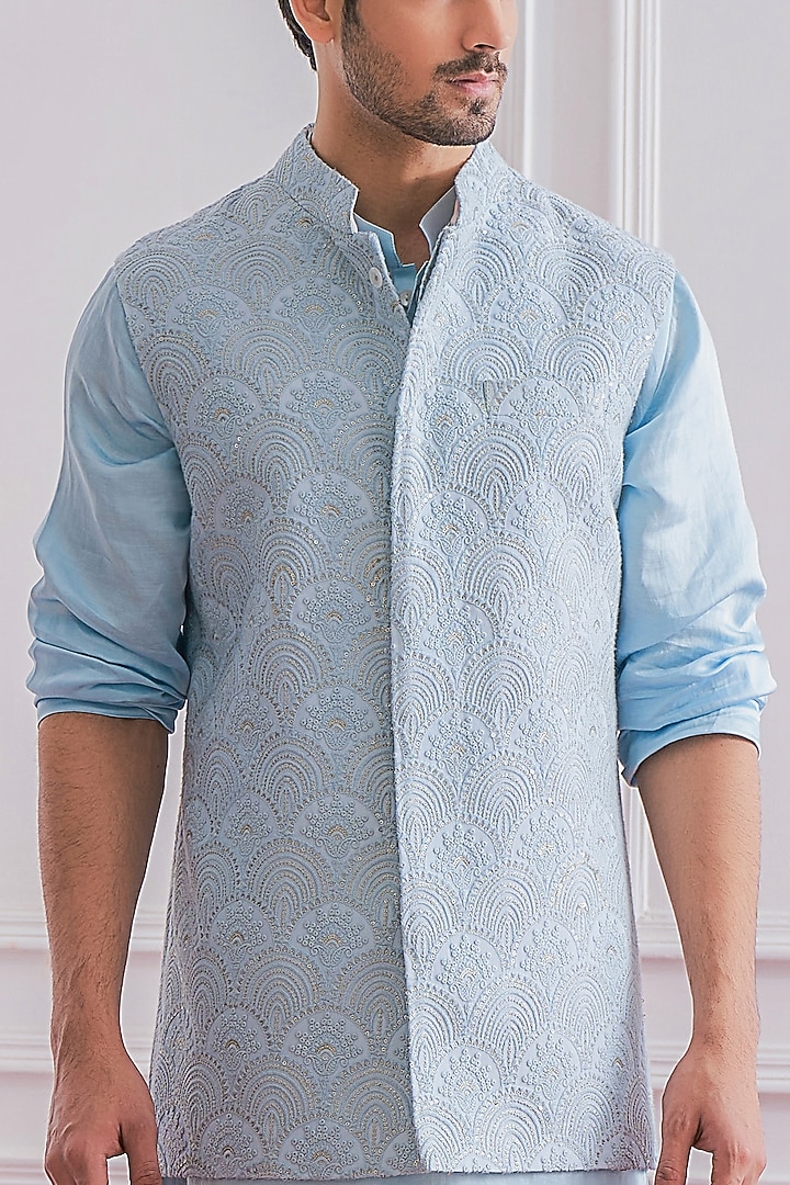 Powder Blue Georgette Sequins & Thread Embroidered Lucknowi Nehru Jacket by Ankit V Kapoor at Pernia's Pop Up Shop