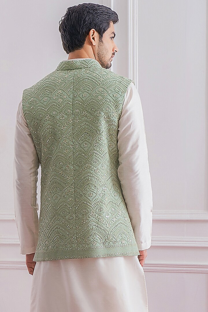 Mint Pure Georgette Thread Embroidered Lucknowi Nehru Jacket Set by Ankit V Kapoor at Pernia's Pop Up Shop