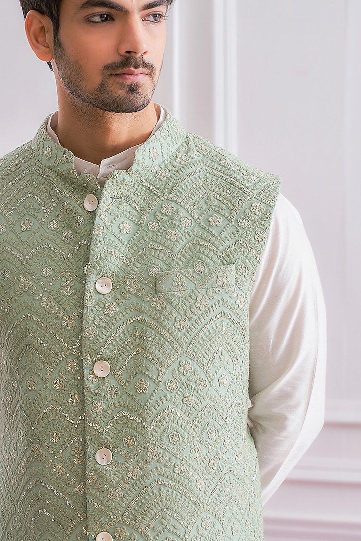 Mint Pure Georgette Thread Embroidered Lucknowi Nehru Jacket Set by Ankit V Kapoor at Pernia's Pop Up Shop