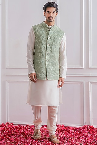 Mint Green Pure Georgette Sequins & Thread Embroidered Nehru Jacket Set by Ankit V Kapoor