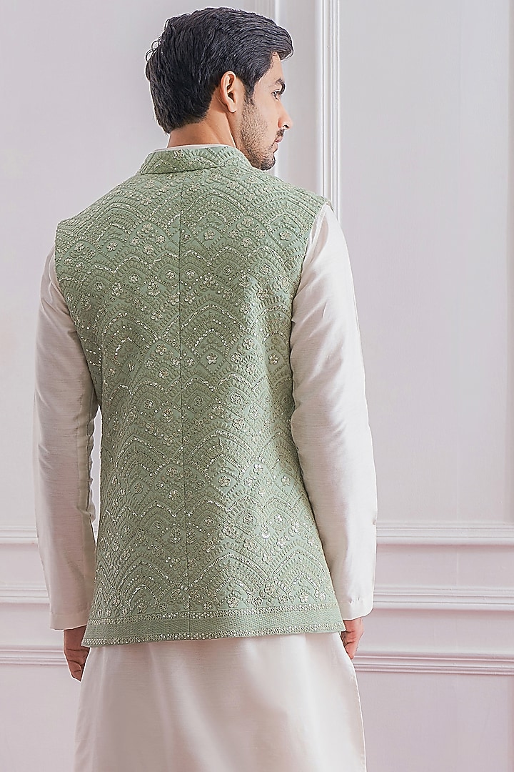 Mint Green Pure Georgette Sequins & Thread Embroidered Nehru Jacket Set by Ankit V Kapoor at Pernia's Pop Up Shop