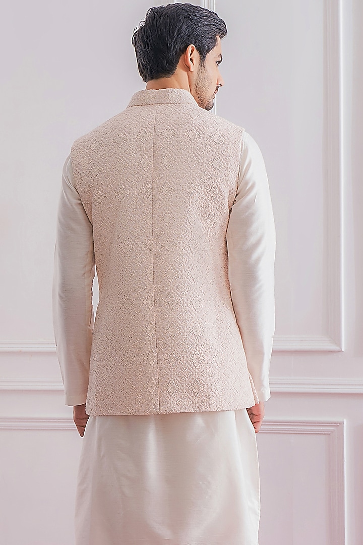 Powder Pink Cotton Thread Embroidered Lucknowi Nehru Jacket Set by Ankit V Kapoor at Pernia's Pop Up Shop